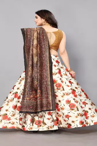 orange Floral Print Satin Silk  Lehenga Choli With Jacquard Unstitched Blouse and Assami Silk Thread Work Dupatta