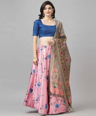 bronze Floral Print Satin Silk  Lehenga Choli With Jacquard Unstitched Blouse and Assami Silk Thread Work Dupatta 1