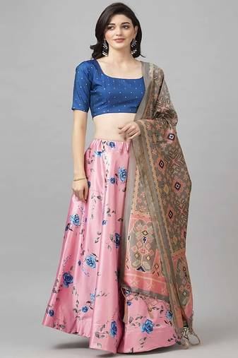 bronze Floral Print Satin Silk  Lehenga Choli With Jacquard Unstitched Blouse and Assami Silk Thread Work Dupatta
