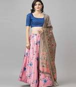 bronze Floral Print Satin Silk  Lehenga Choli With Jacquard Unstitched Blouse and Assami Silk Thread Work Dupatta