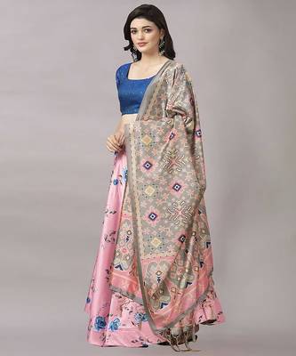 bronze Floral Print Satin Silk  Lehenga Choli With Jacquard Unstitched Blouse and Assami Silk Thread Work Dupatta 2