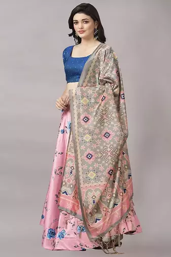 bronze Floral Print Satin Silk  Lehenga Choli With Jacquard Unstitched Blouse and Assami Silk Thread Work Dupatta
