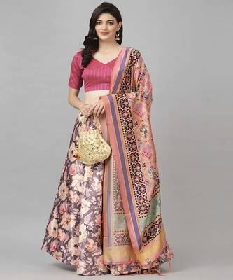 silver Floral Print Satin Silk  Lehenga Choli With Jacquard Unstitched Blouse and Assami Silk Thread Work Dupatta 1