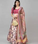 silver Floral Print Satin Silk  Lehenga Choli With Jacquard Unstitched Blouse and Assami Silk Thread Work Dupatta