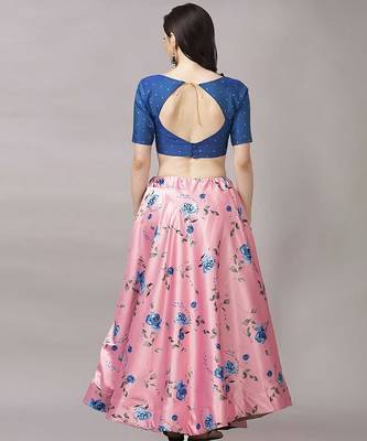 bronze Floral Print Satin Silk  Lehenga Choli With Jacquard Unstitched Blouse and Assami Silk Thread Work Dupatta 4