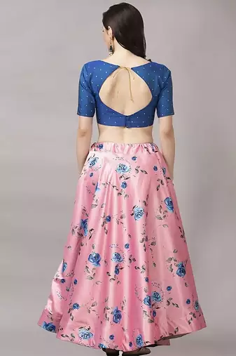 bronze Floral Print Satin Silk  Lehenga Choli With Jacquard Unstitched Blouse and Assami Silk Thread Work Dupatta