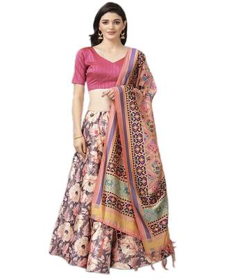 silver Floral Print Satin Silk  Lehenga Choli With Jacquard Unstitched Blouse and Assami Silk Thread Work Dupatta 2
