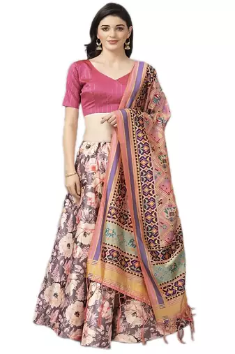 silver Floral Print Satin Silk  Lehenga Choli With Jacquard Unstitched Blouse and Assami Silk Thread Work Dupatta