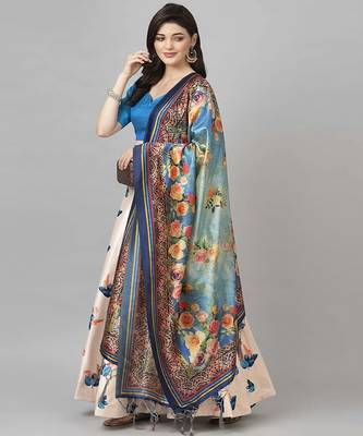 silver Floral Print Satin Silk  Lehenga Choli With Jacquard Unstitched Blouse and Assami Silk Thread Work Dupatta 2