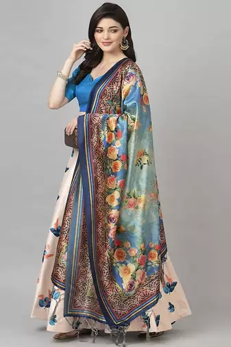 silver Floral Print Satin Silk  Lehenga Choli With Jacquard Unstitched Blouse and Assami Silk Thread Work Dupatta