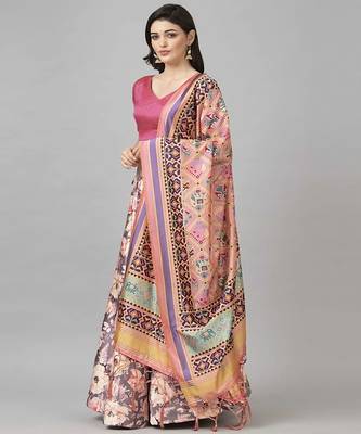 silver Floral Print Satin Silk  Lehenga Choli With Jacquard Unstitched Blouse and Assami Silk Thread Work Dupatta 4