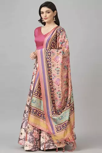 silver Floral Print Satin Silk  Lehenga Choli With Jacquard Unstitched Blouse and Assami Silk Thread Work Dupatta