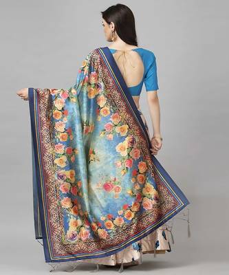 silver Floral Print Satin Silk  Lehenga Choli With Jacquard Unstitched Blouse and Assami Silk Thread Work Dupatta 3