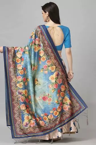 silver Floral Print Satin Silk  Lehenga Choli With Jacquard Unstitched Blouse and Assami Silk Thread Work Dupatta