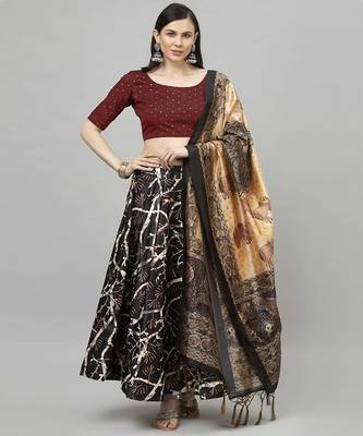 dark-black Floral Print Satin Silk  Lehenga Choli With Jacquard Unstitched Blouse and Assami Silk Thread Work Dupatta 1