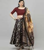 dark-black Floral Print Satin Silk  Lehenga Choli With Jacquard Unstitched Blouse and Assami Silk Thread Work Dupatta
