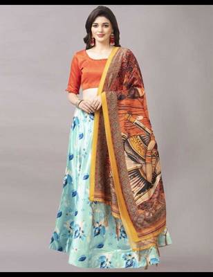 aqua-blue Floral Print Satin Silk  Lehenga Choli With Jacquard Unstitched Blouse and Assami Silk Thread Work Dupatta 1