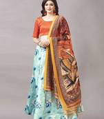 aqua-blue Floral Print Satin Silk  Lehenga Choli With Jacquard Unstitched Blouse and Assami Silk Thread Work Dupatta