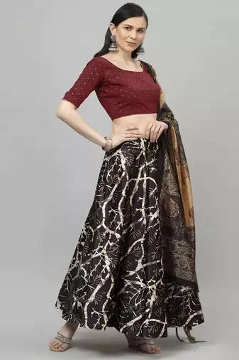 dark-black Floral Print Satin Silk  Lehenga Choli With Jacquard Unstitched Blouse and Assami Silk Thread Work Dupatta