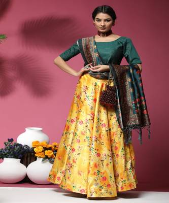 yellow Floral Print Satin Silk  Lehenga Choli With Jacquard Unstitched Blouse and Assami Silk Thread Work Dupatta 1