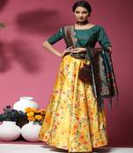 yellow Floral Print Satin Silk  Lehenga Choli With Jacquard Unstitched Blouse and Assami Silk Thread Work Dupatta