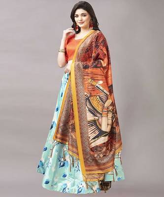 aqua-blue Floral Print Satin Silk  Lehenga Choli With Jacquard Unstitched Blouse and Assami Silk Thread Work Dupatta 2