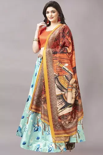 aqua-blue Floral Print Satin Silk  Lehenga Choli With Jacquard Unstitched Blouse and Assami Silk Thread Work Dupatta