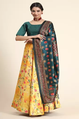 yellow Floral Print Satin Silk  Lehenga Choli With Jacquard Unstitched Blouse and Assami Silk Thread Work Dupatta