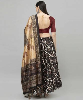 dark-black Floral Print Satin Silk  Lehenga Choli With Jacquard Unstitched Blouse and Assami Silk Thread Work Dupatta 3