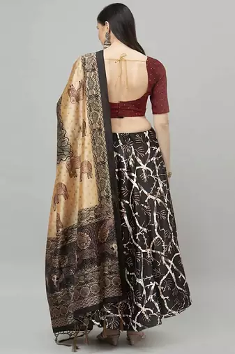 dark-black Floral Print Satin Silk  Lehenga Choli With Jacquard Unstitched Blouse and Assami Silk Thread Work Dupatta