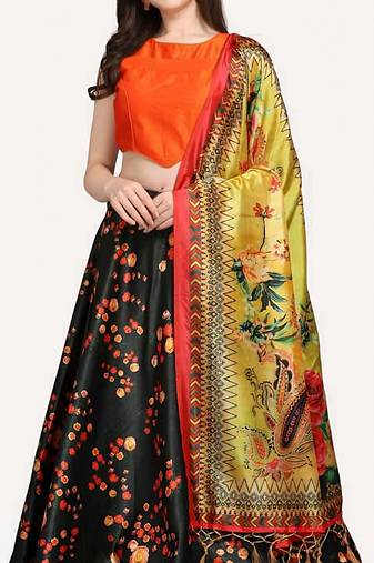 dark black digital floral print satin silk lehenga choli with dupatta