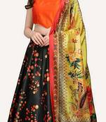 dark black digital floral print satin silk lehenga choli with dupatta