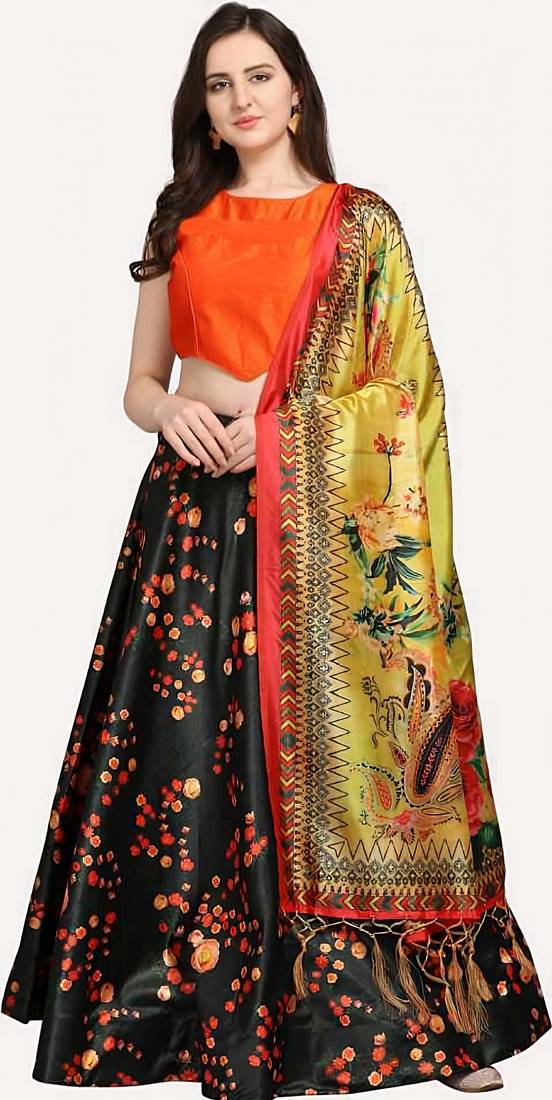 dark-black Floral Print Satin Silk Lehenga choli With Jacquard Unstitched Blouse and Assami Silk Thread Work Dupatta