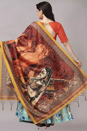 aqua-blue Floral Print Satin Silk  Lehenga Choli With Jacquard Unstitched Blouse and Assami Silk Thread Work Dupatta