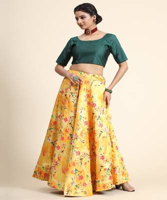 yellow Floral Print Satin Silk  Lehenga Choli With Jacquard Unstitched Blouse and Assami Silk Thread Work Dupatta 3