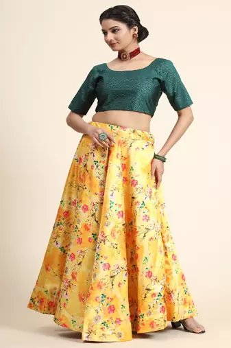yellow Floral Print Satin Silk  Lehenga Choli With Jacquard Unstitched Blouse and Assami Silk Thread Work Dupatta