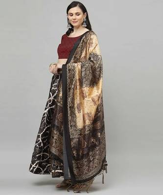dark-black Floral Print Satin Silk  Lehenga Choli With Jacquard Unstitched Blouse and Assami Silk Thread Work Dupatta 4