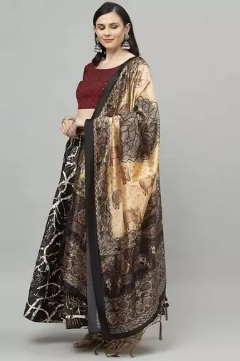 dark-black Floral Print Satin Silk  Lehenga Choli With Jacquard Unstitched Blouse and Assami Silk Thread Work Dupatta