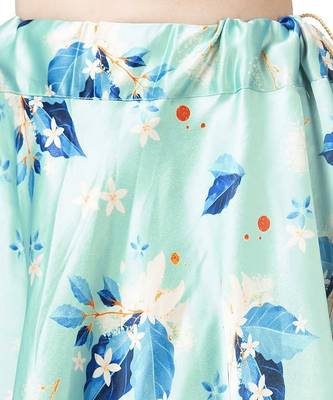 aqua-blue Floral Print Satin Silk  Lehenga Choli With Jacquard Unstitched Blouse and Assami Silk Thread Work Dupatta 4
