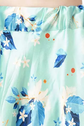 aqua-blue Floral Print Satin Silk  Lehenga Choli With Jacquard Unstitched Blouse and Assami Silk Thread Work Dupatta