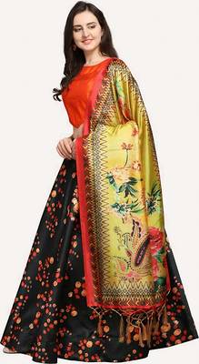 dark black digital floral print satin silk lehenga choli with dupatta 2