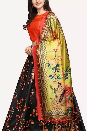 dark black digital floral print satin silk lehenga choli with dupatta