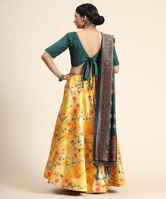 yellow Floral Print Satin Silk  Lehenga Choli With Jacquard Unstitched Blouse and Assami Silk Thread Work Dupatta 4