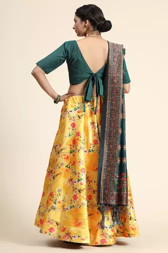 yellow Floral Print Satin Silk  Lehenga Choli With Jacquard Unstitched Blouse and Assami Silk Thread Work Dupatta