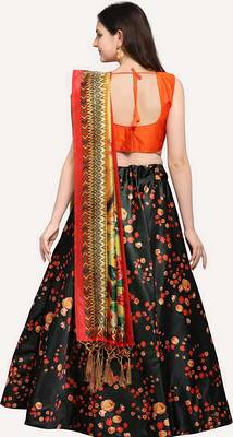 dark black digital floral print satin silk lehenga choli with dupatta 3