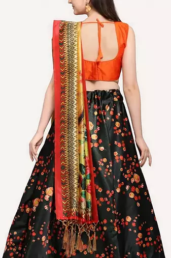 dark black digital floral print satin silk lehenga choli with dupatta