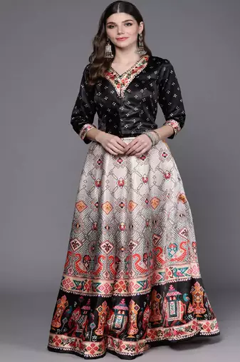 black Bandhani Patola Digital Print Shiney Satin Croptop Lehenga With Unstitched Blouse
