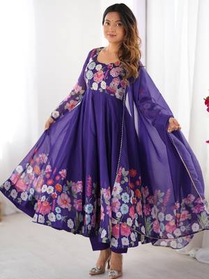 Royal purple floral organza anarkali set for women 1