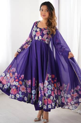 Royal purple floral organza anarkali set for women