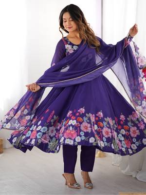 Royal purple floral organza anarkali set for women 2